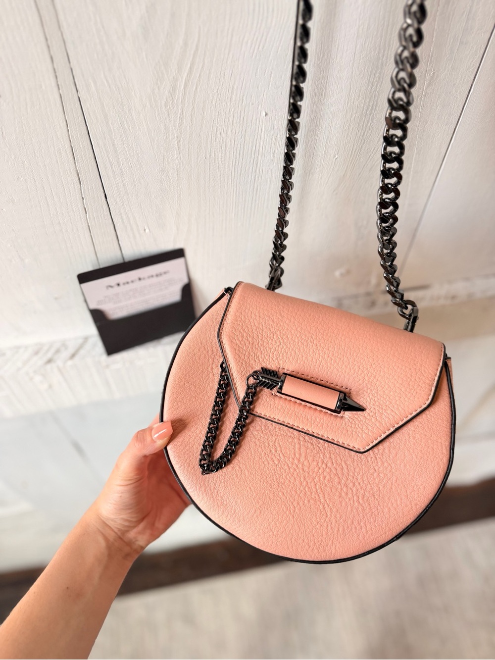 Mackage Wilma Round Blush Pink Leather Crossbody Bag Gunmetal Chain